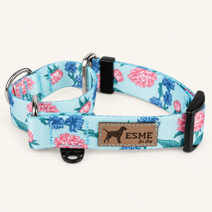Turkusowa obroża martingale w kwiaty.png